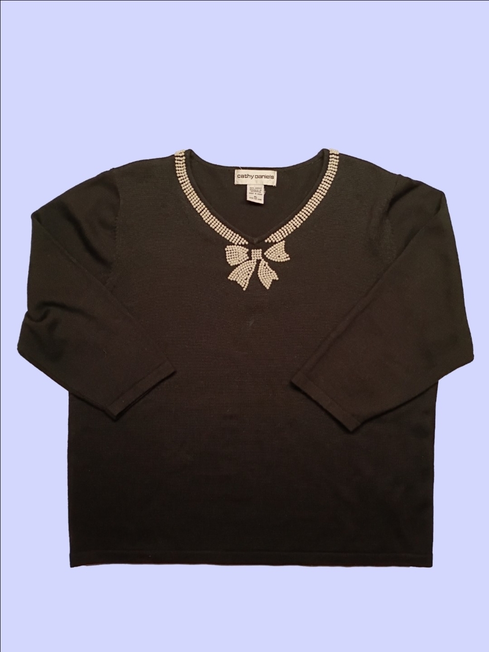 90's Sweetheart Black Sweater with Rhinestone Bow Detail Along Neckline - Picture 1 of 7